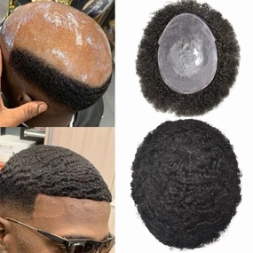 Hair Units for Black Men Afro Curly Toupee for Black Men Full Poly African American Human Hair Replacement System Durable Injected Pu Hairpiece Thin Skin Kinky Curly Mens Wig #1 Jet Black-10mm Wave