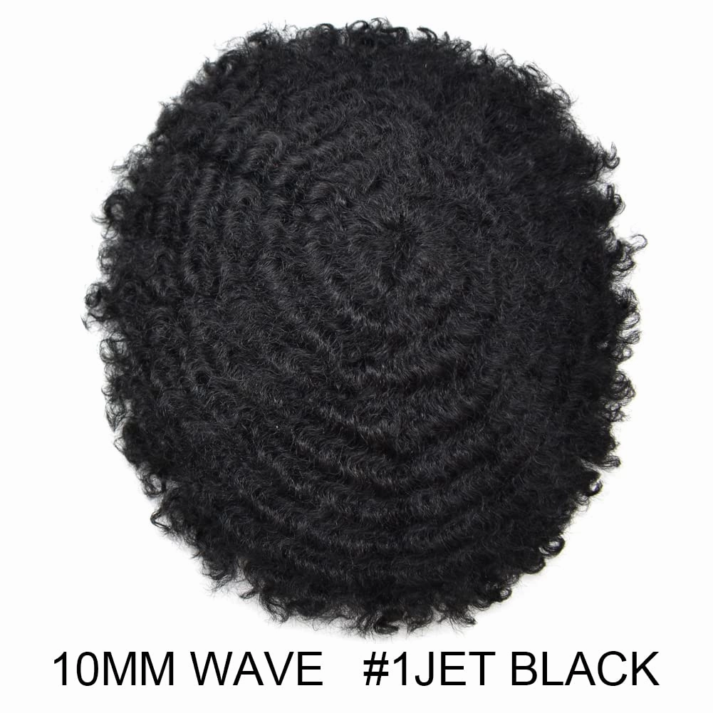 Hair Units for Black Men Afro Curly Toupee for Black Men Full Poly African American Human Hair Replacement System Durable Injected Pu Hairpiece Thin Skin Kinky Curly Mens Wig #1 Jet Black-10mm Wave