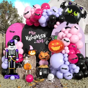 Halloween Balloons Garland Arch Kit, Macaron Pink Purple Balloons with Skeleton Guard Pumpkin Bat Foil Balloon, Black Hot Pink Halloween Balloons with 3D Fake Bats For Party Home Garden Decorations