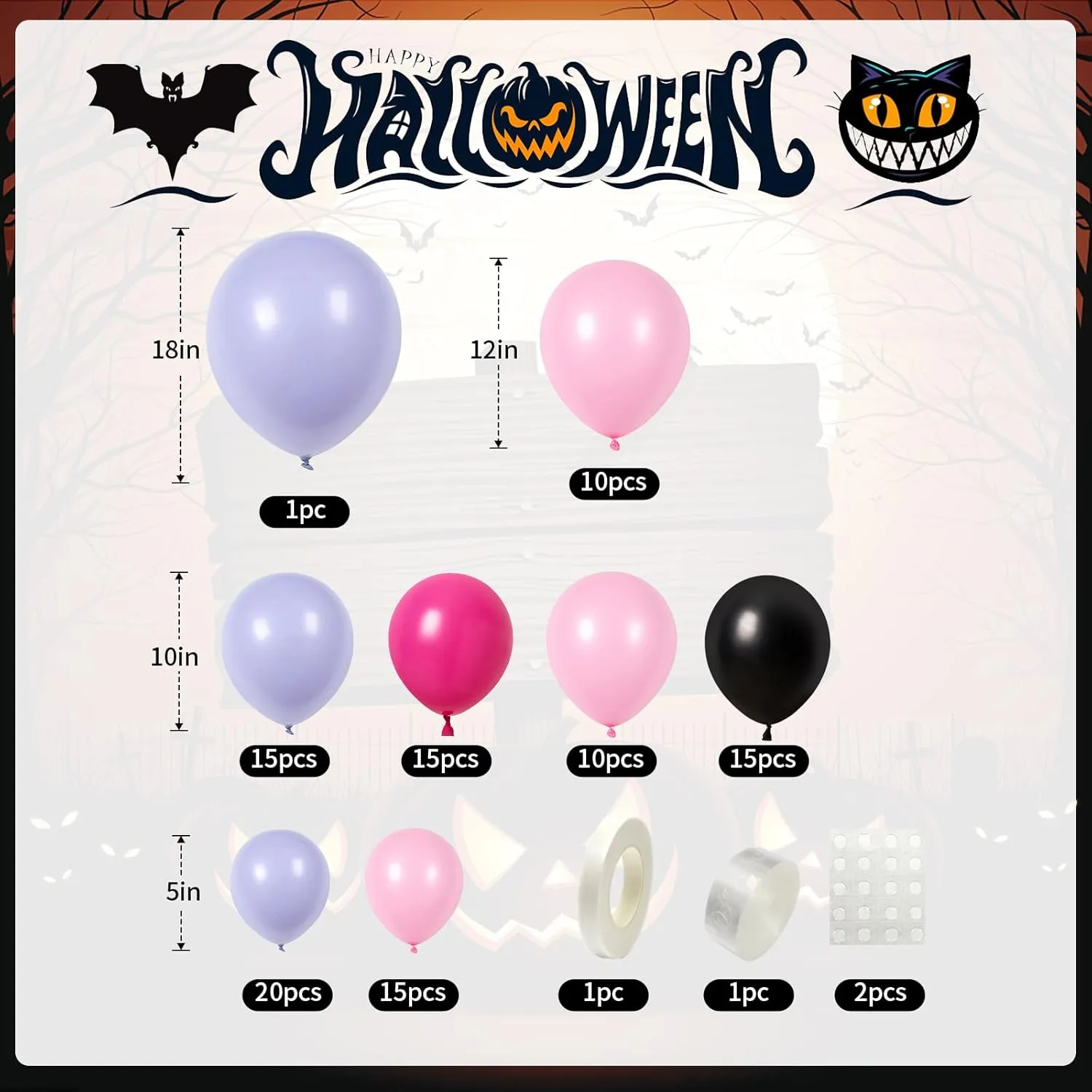 Halloween Balloons Garland Arch Kit, Macaron Pink Purple Balloons with Skeleton Guard Pumpkin Bat Foil Balloon, Black Hot Pink Halloween Balloons with 3D Fake Bats For Party Home Garden Decorations