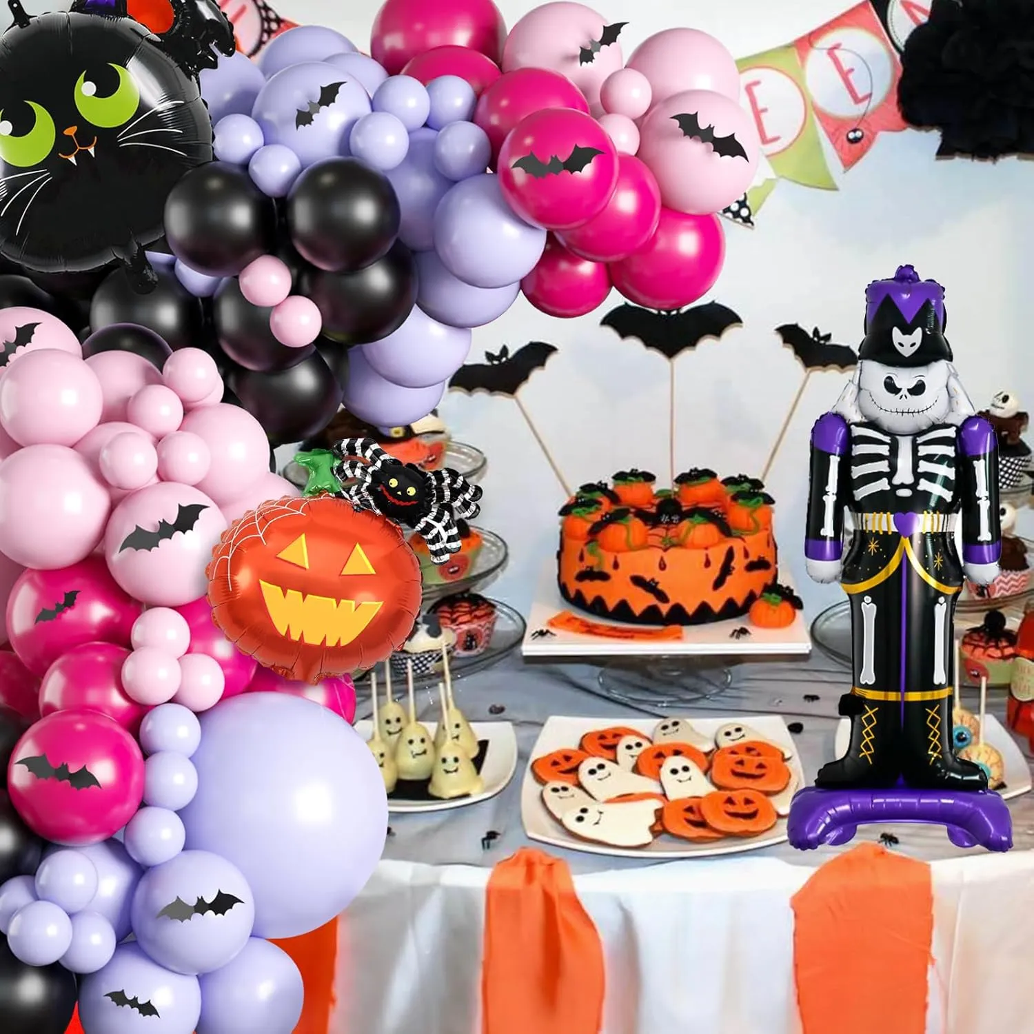 Halloween Balloons Garland Arch Kit, Macaron Pink Purple Balloons with Skeleton Guard Pumpkin Bat Foil Balloon, Black Hot Pink Halloween Balloons with 3D Fake Bats For Party Home Garden Decorations