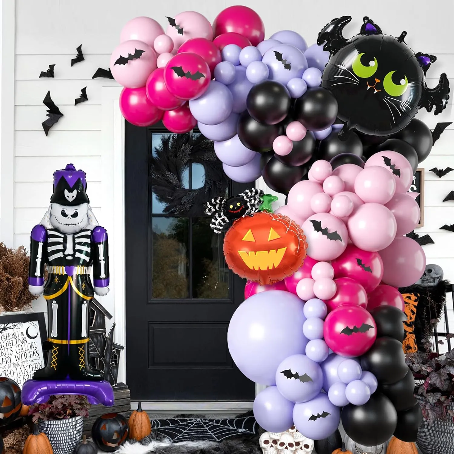 Halloween Balloons Garland Arch Kit, Macaron Pink Purple Balloons with Skeleton Guard Pumpkin Bat Foil Balloon, Black Hot Pink Halloween Balloons with 3D Fake Bats For Party Home Garden Decorations