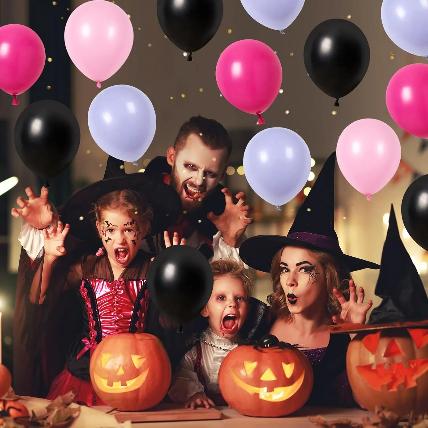 Halloween Balloons Garland Arch Kit, Macaron Pink Purple Balloons with Skeleton Guard Pumpkin Bat Foil Balloon, Black Hot Pink Halloween Balloons with 3D Fake Bats For Party Home Garden Decorations