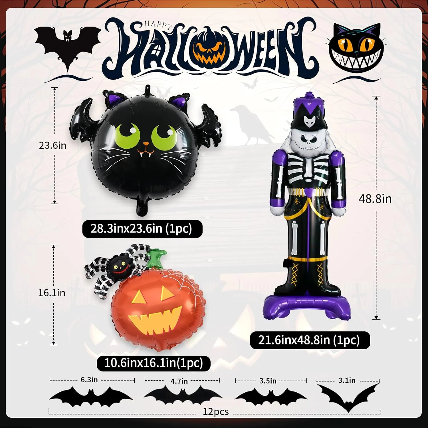 Halloween Balloons Garland Arch Kit, Macaron Pink Purple Balloons with Skeleton Guard Pumpkin Bat Foil Balloon, Black Hot Pink Halloween Balloons with 3D Fake Bats For Party Home Garden Decorations