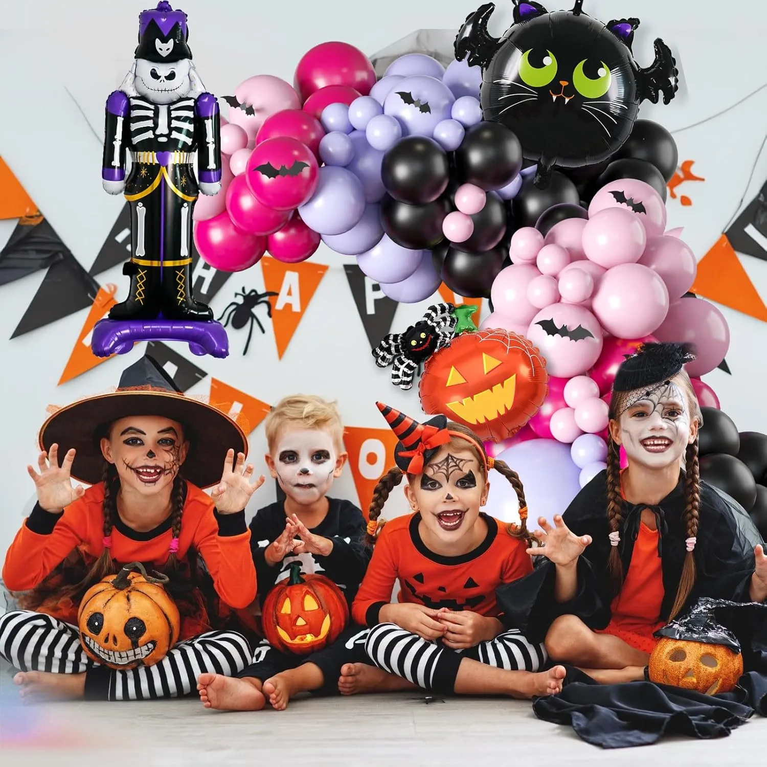 Halloween Balloons Garland Arch Kit, Macaron Pink Purple Balloons with Skeleton Guard Pumpkin Bat Foil Balloon, Black Hot Pink Halloween Balloons with 3D Fake Bats For Party Home Garden Decorations