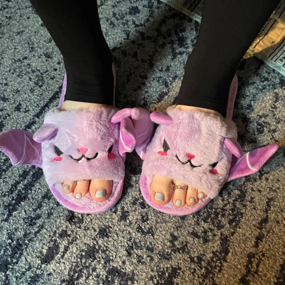 Halloween Bat Animal Slippers Soft Plush Cozy Open Toe Women Indoor or Outdoor Fuzzy Slippers Halloween Gifts For Girls Women Girlfriend