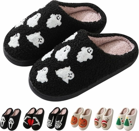 Halloween Slippers for Women Men, Soft Plush Fuzzy Winter holiday slippers, Retro Cozy House Slippers, Comfy Bedroom Christmas Slippers Indoor Outdoor Shoes