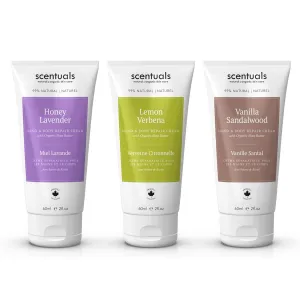 Hand Cream Set of 3, with Shea Butter, Cocoa Butter, Argan & Almond oil, Moisturizing Dry Hands, (Lemon Verbena, Honey Lavender, Vanilla Sandalwood) 60 ml (2 fl.oz. x 3)