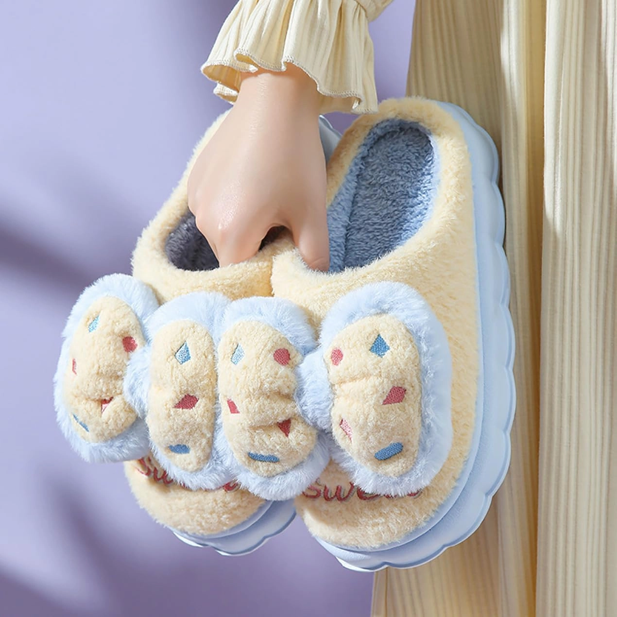 HANDKEI Women's cute bow anti slip thick rubber sole plush slippers for home and indoor use