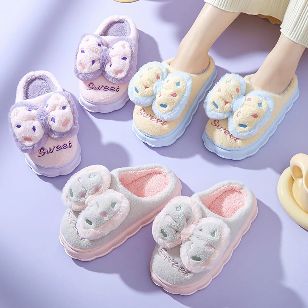 HANDKEI Women's cute bow anti slip thick rubber sole plush slippers for home and indoor use