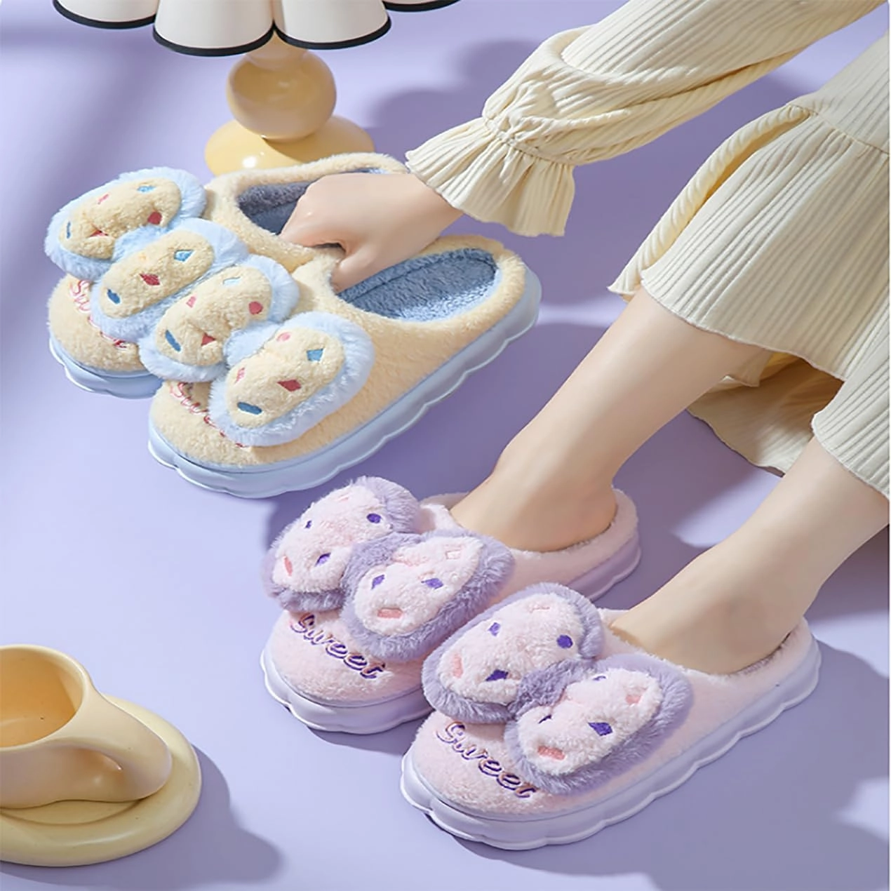 HANDKEI Women's cute bow anti slip thick rubber sole plush slippers for home and indoor use