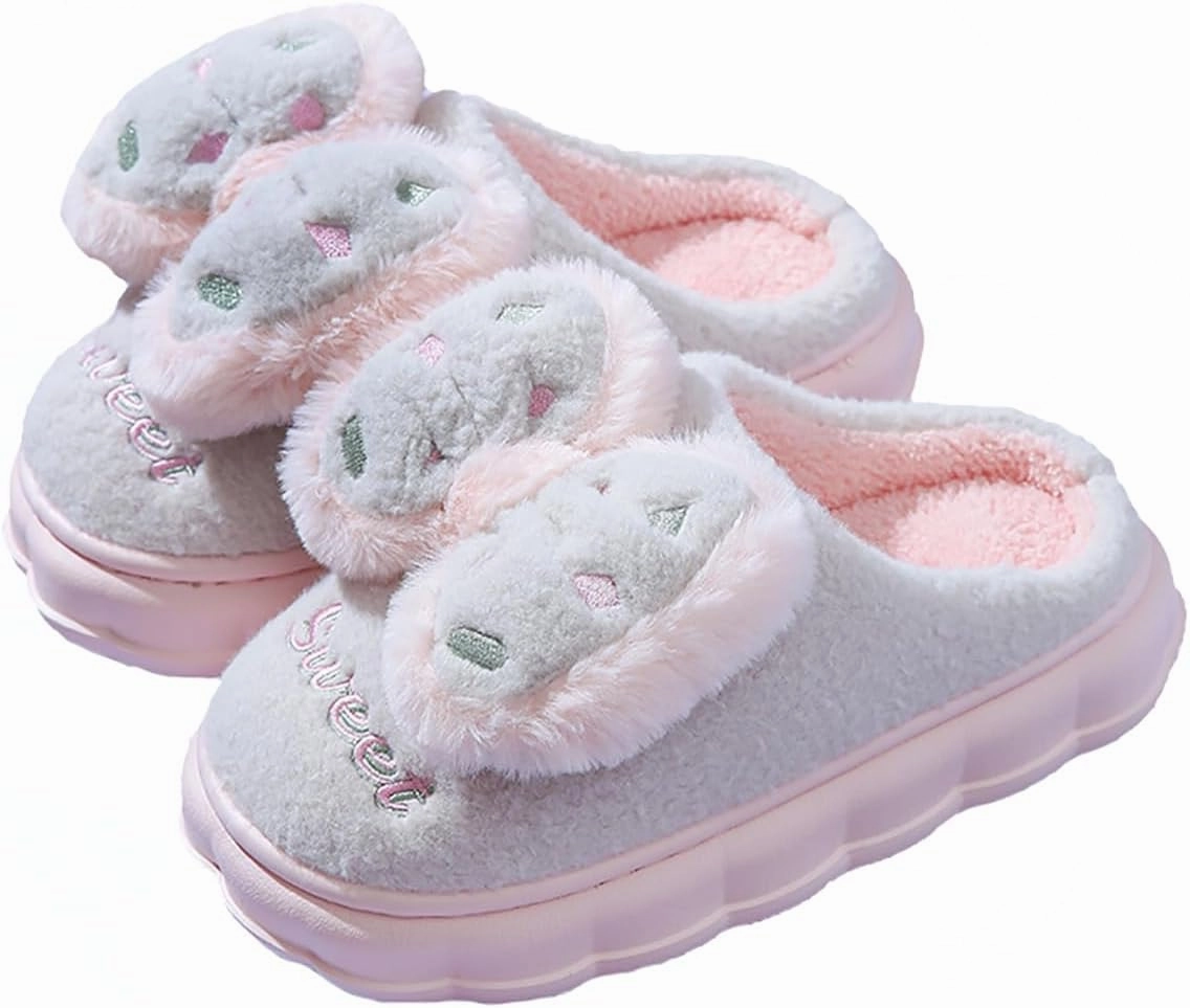 HANDKEI Women's cute bow anti slip thick rubber sole plush slippers for home and indoor use