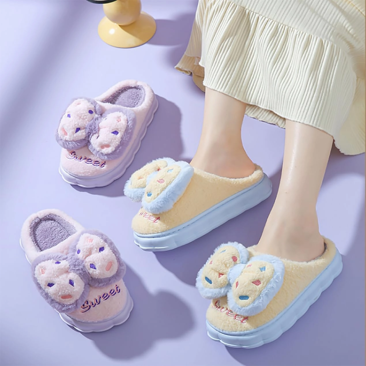 HANDKEI Women's cute bow anti slip thick rubber sole plush slippers for home and indoor use