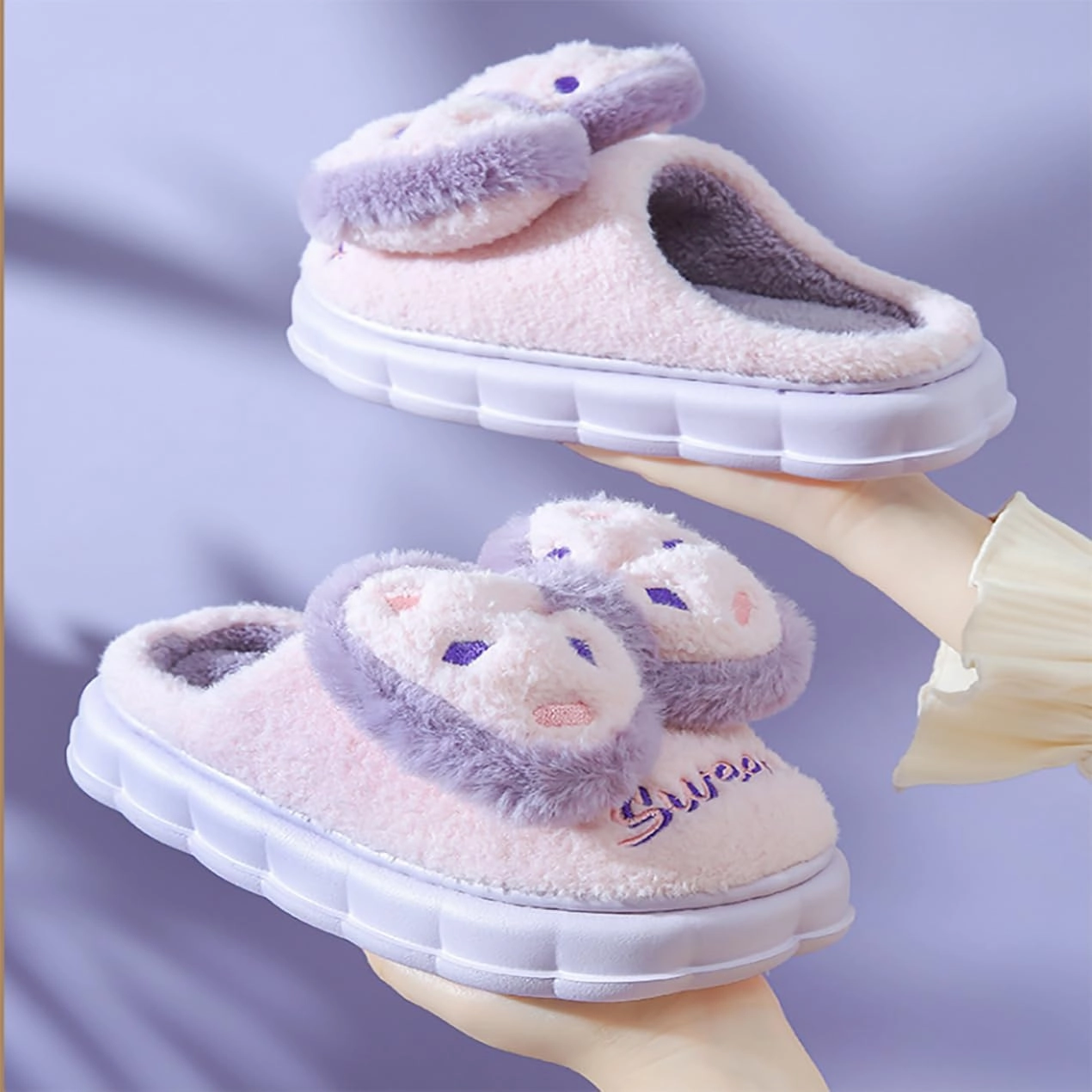 HANDKEI Women's cute bow anti slip thick rubber sole plush slippers for home and indoor use