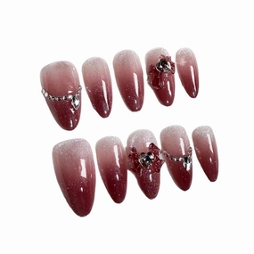 Handmade Almond Press On Nails Autumn Winter Sweet Blush Fake Nails Wearable Shiny Bow Decor False Nails(M)
