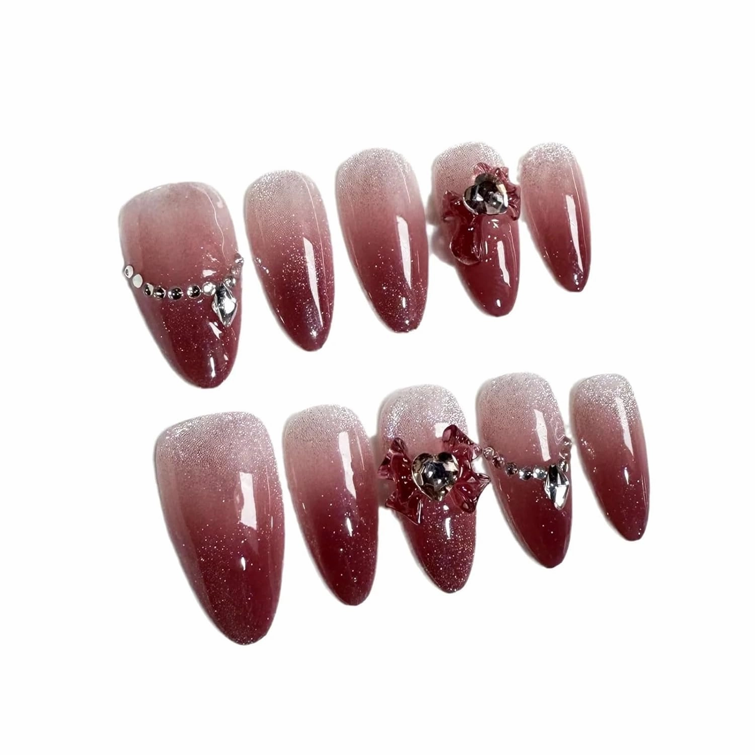 Handmade Almond Press On Nails Autumn Winter Sweet Blush Fake Nails Wearable Shiny Bow Decor False Nails(M)