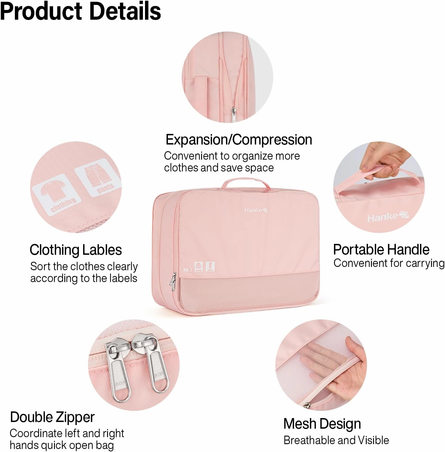 Hanke 7 Sets Packing Cubes for Travel, Travel Organizer Bags, Compressible Expandable Packing Organizers, Tear Resistant Luggage Organizer, Gifts for Women Mom