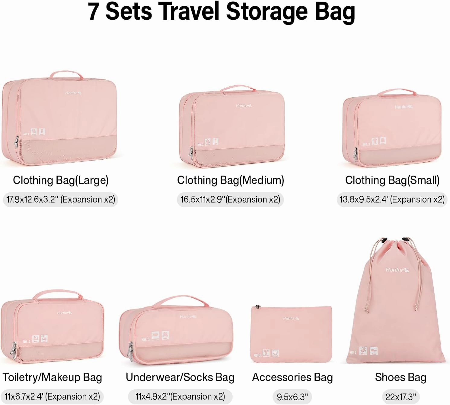 Hanke 7 Sets Packing Cubes for Travel, Travel Organizer Bags, Compressible Expandable Packing Organizers, Tear Resistant Luggage Organizer, Gifts for Women Mom