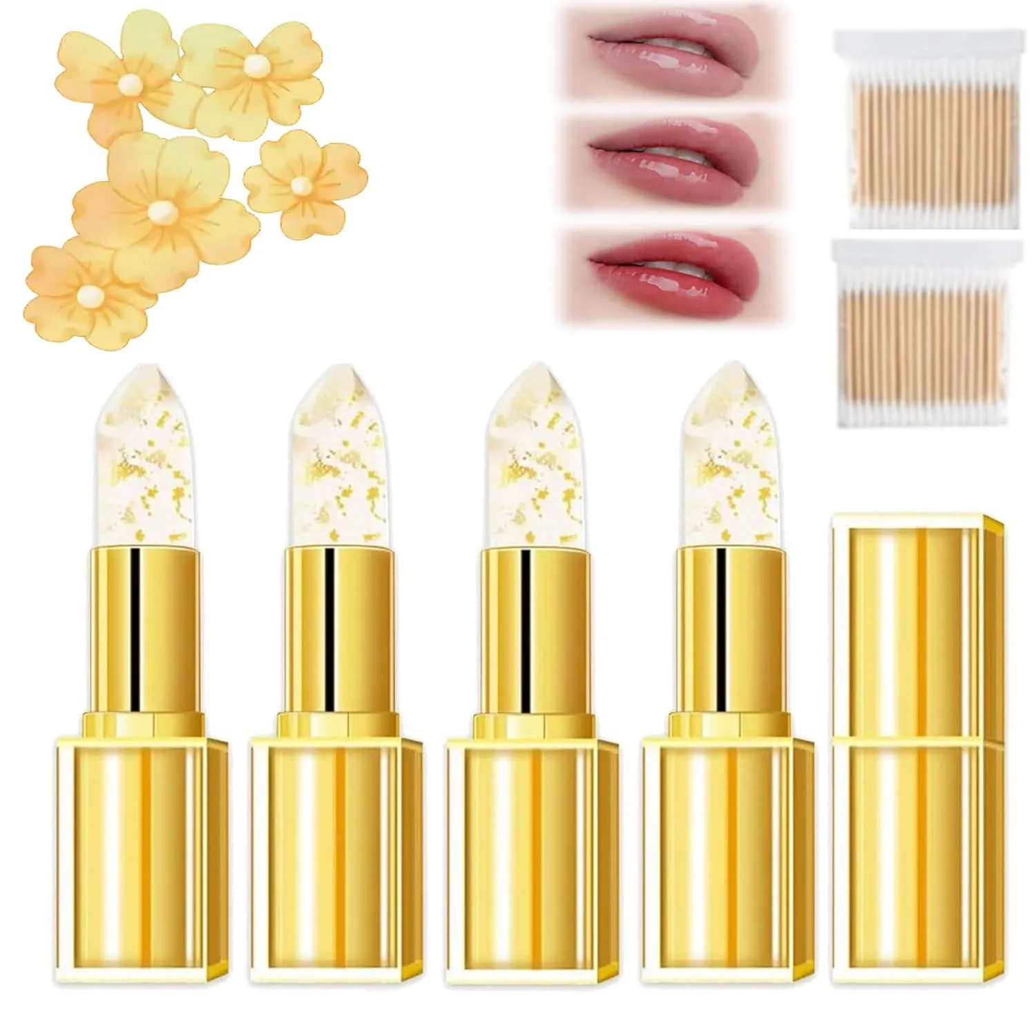 Hardpointing Color Changing Lipstick,Beneficial Lip Stain, Beneficialn Clear Lipstick That Changes Color, Transfer Proof Color Changing Lip Gloss With Gold Flakes, Gold Crystal Deep Nourishment (4 pc)