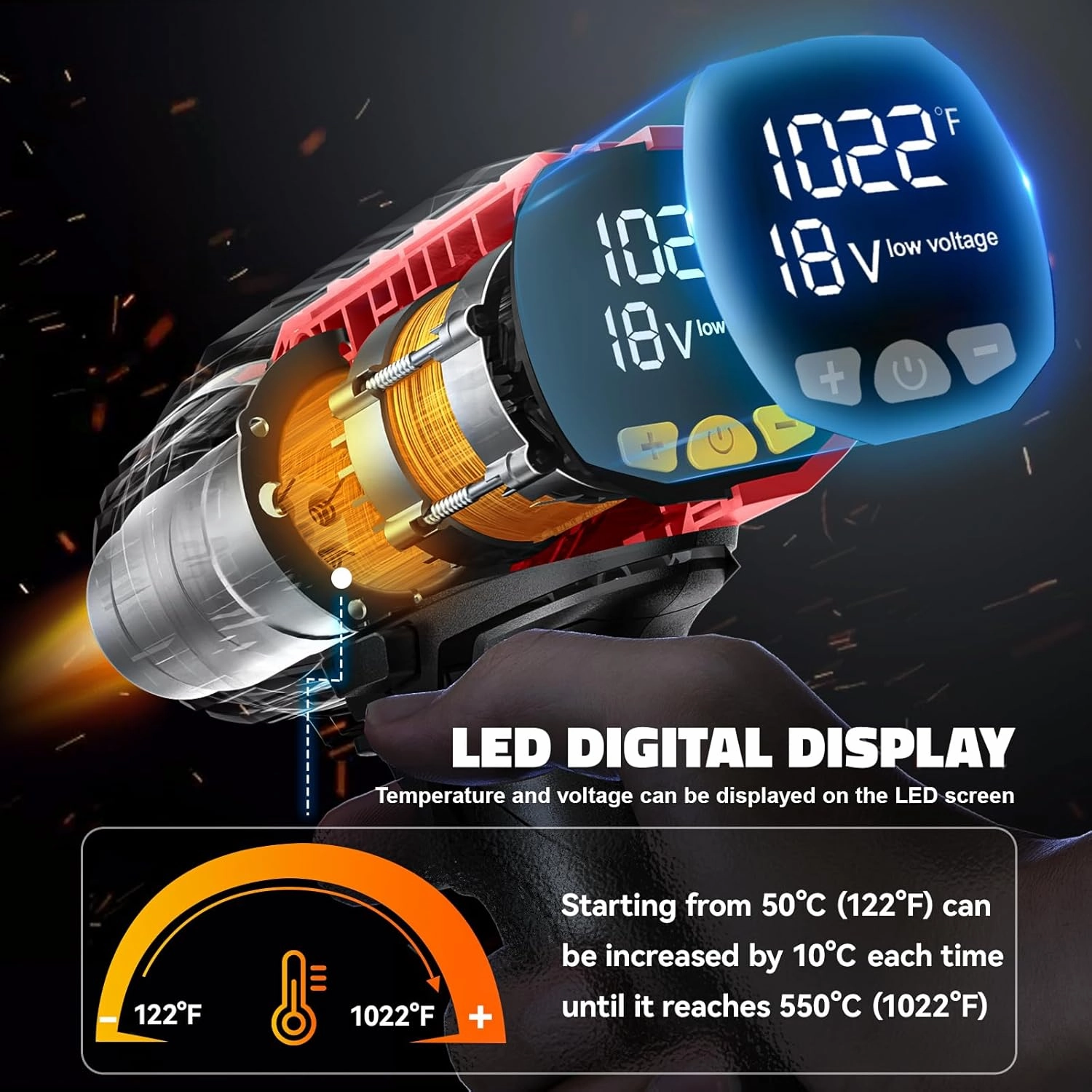Heat Gun for Milwaukee 18V Battery: 350W Cordless Battery Powered Heat Gun 122℉~1022℉ (50℃~550℃) - 18V Variable Temperature Control w/LED Digital Display for Shrink Tubing, Vinyl Wrap