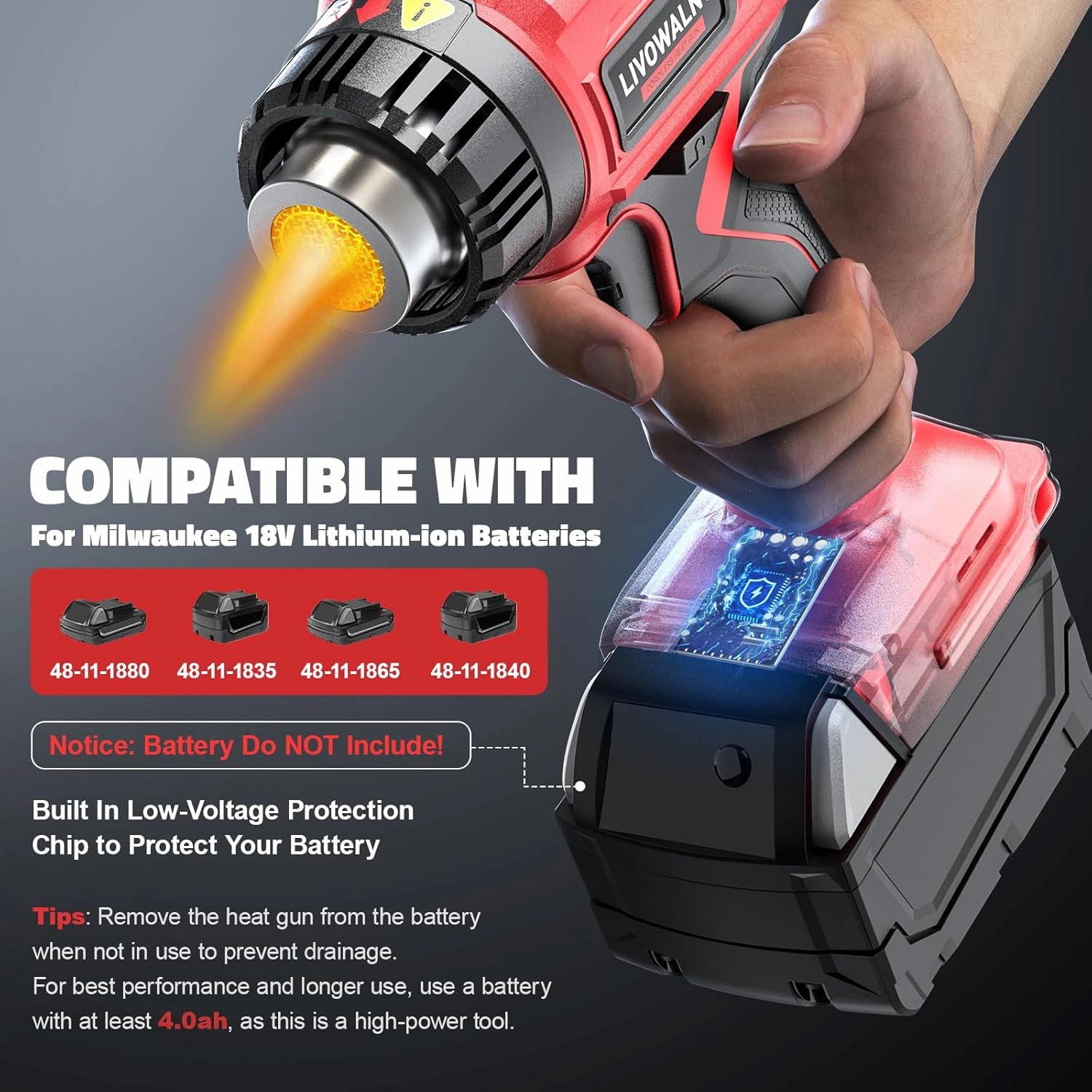 Heat Gun for Milwaukee 18V Battery: 350W Cordless Battery Powered Heat Gun 122℉~1022℉ (50℃~550℃) - 18V Variable Temperature Control w/LED Digital Display for Shrink Tubing, Vinyl Wrap