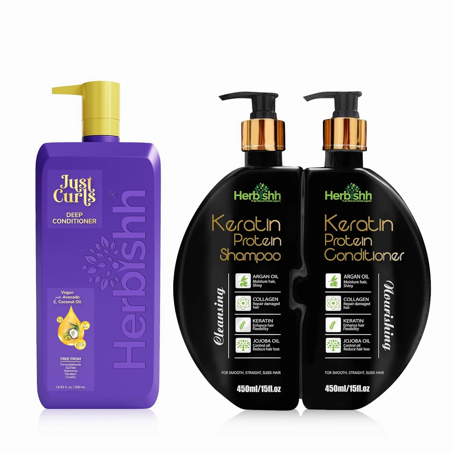 Herbishh Keratin Shampoo and Conditioner Set   Just Curls Deep Conditioner for Curly Hair, Avocado & Coconut Oil, Vegan, 500ml