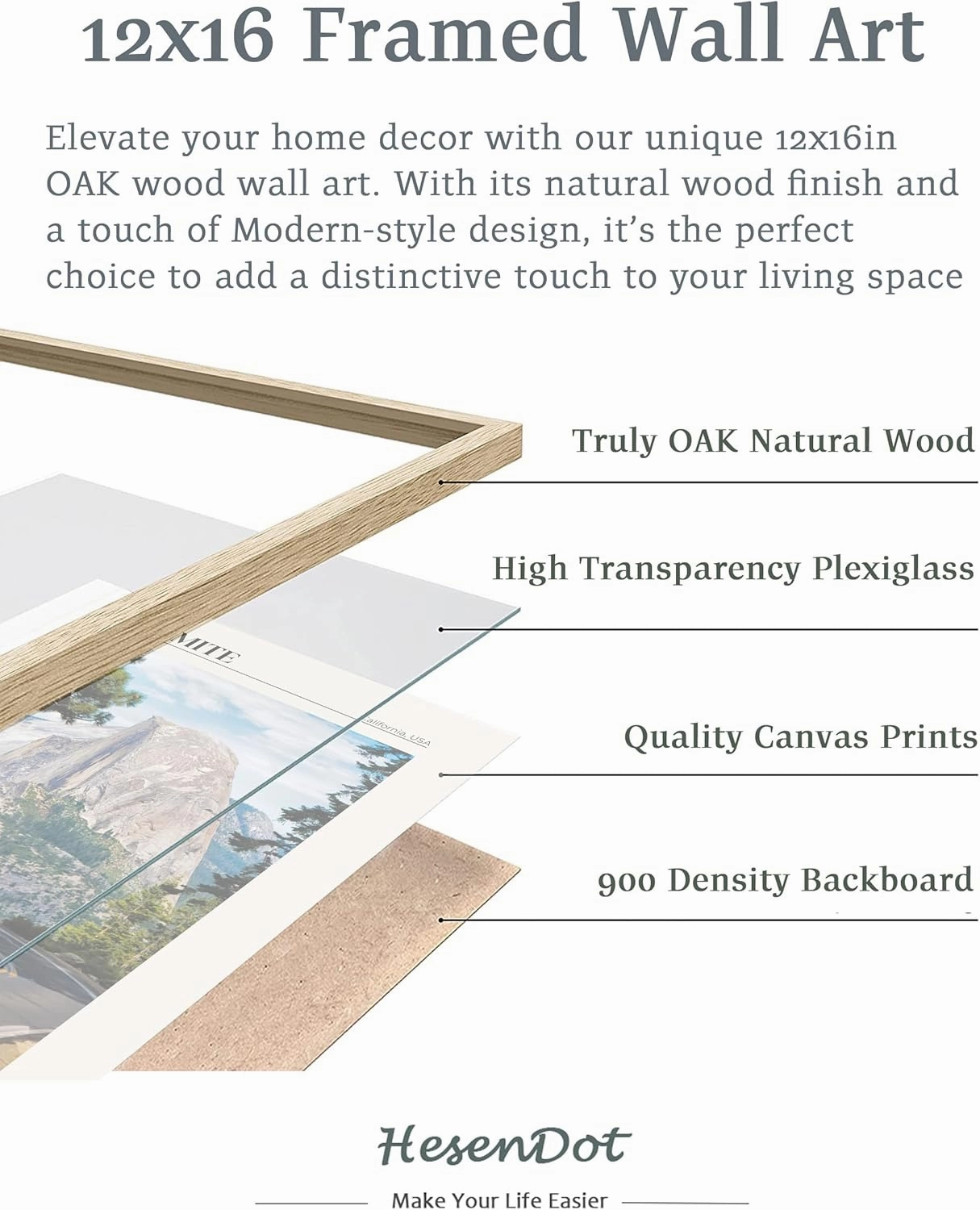 HesenDot Natural OAK Wood Yosemite National Park Framed Wall Art,12x16in Natural Scenery Canvas Wall Print,Classic Urban Landmark Wall Decor for Living Room,Bedroom,Office Gallery Gifts Set of 1