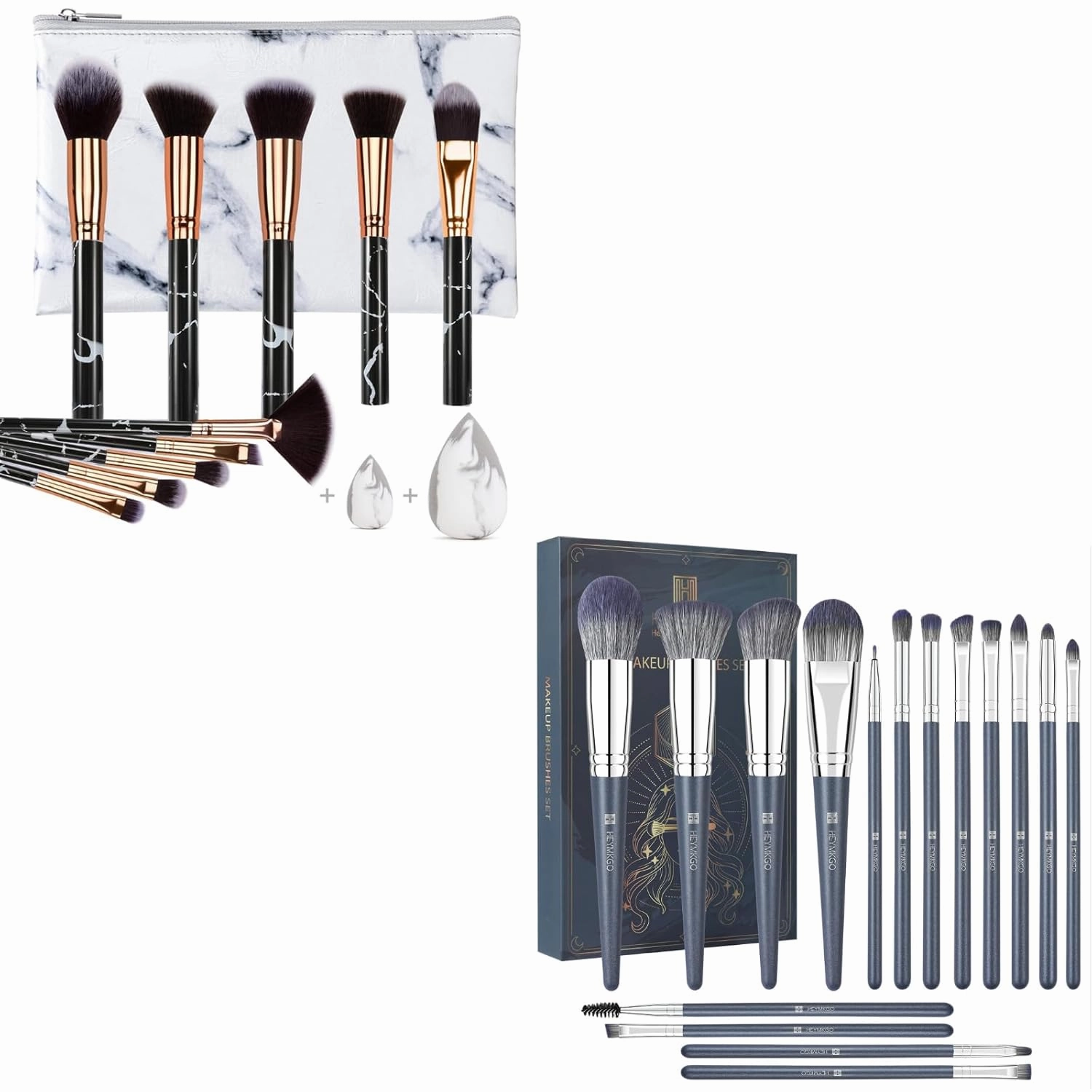 HEYMKGO Marble 10Pcs Makeup Brush Set with 16Pcs Blue Brush Sets, for Blending, Shading, Contouring Face Brushes, Eye Shadows Concealers Powder Brush Tools (Black & Blue)