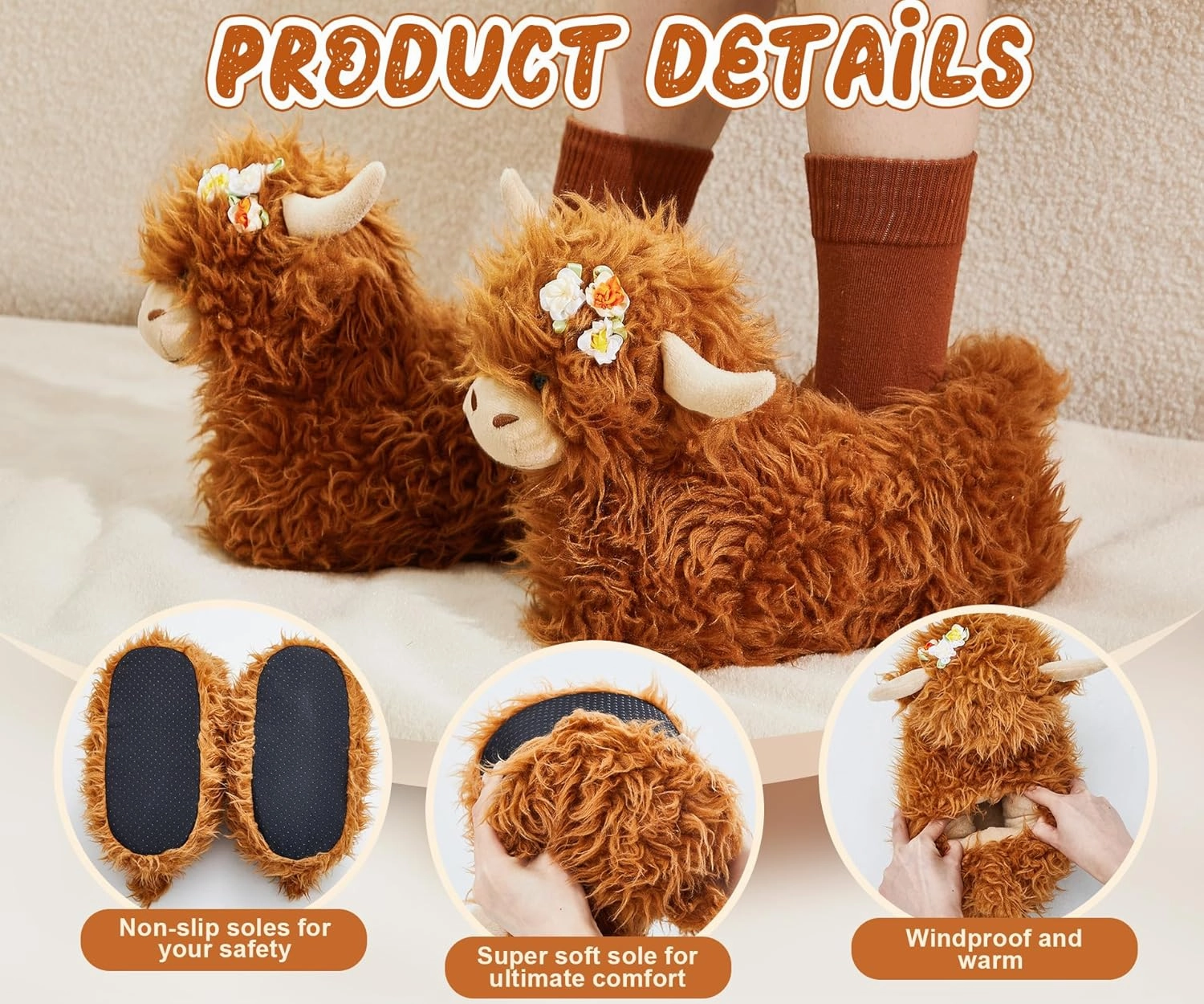 Highland Cow Slippers for Women Men Plush Animal Slippers with Cotton Scottish Socks