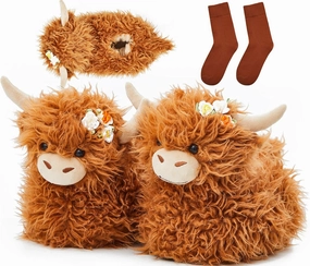 Highland Cow Slippers for Women Men Plush Animal Slippers with Cotton Scottish Socks