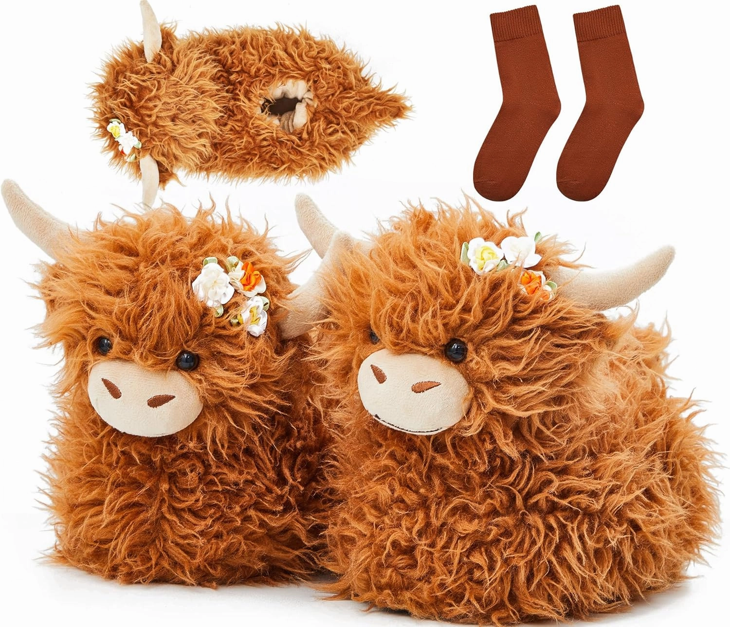 Highland Cow Slippers for Women Men Plush Animal Slippers with Cotton Scottish Socks