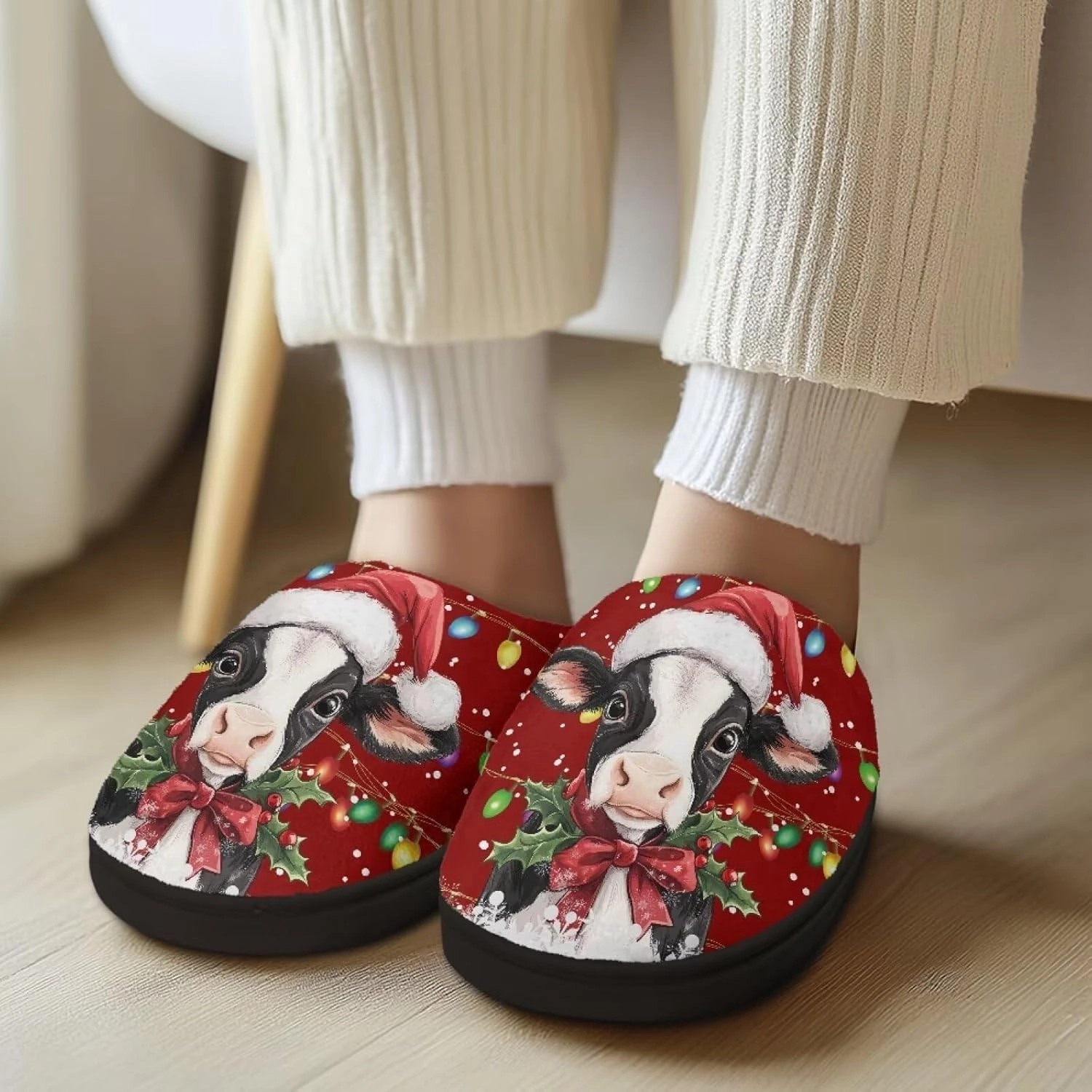 Holiday Christmas Slippers Indoor Bedroom Fluffy Warm Slippers Winter House Slippers for Women Men Soft House Shoes
