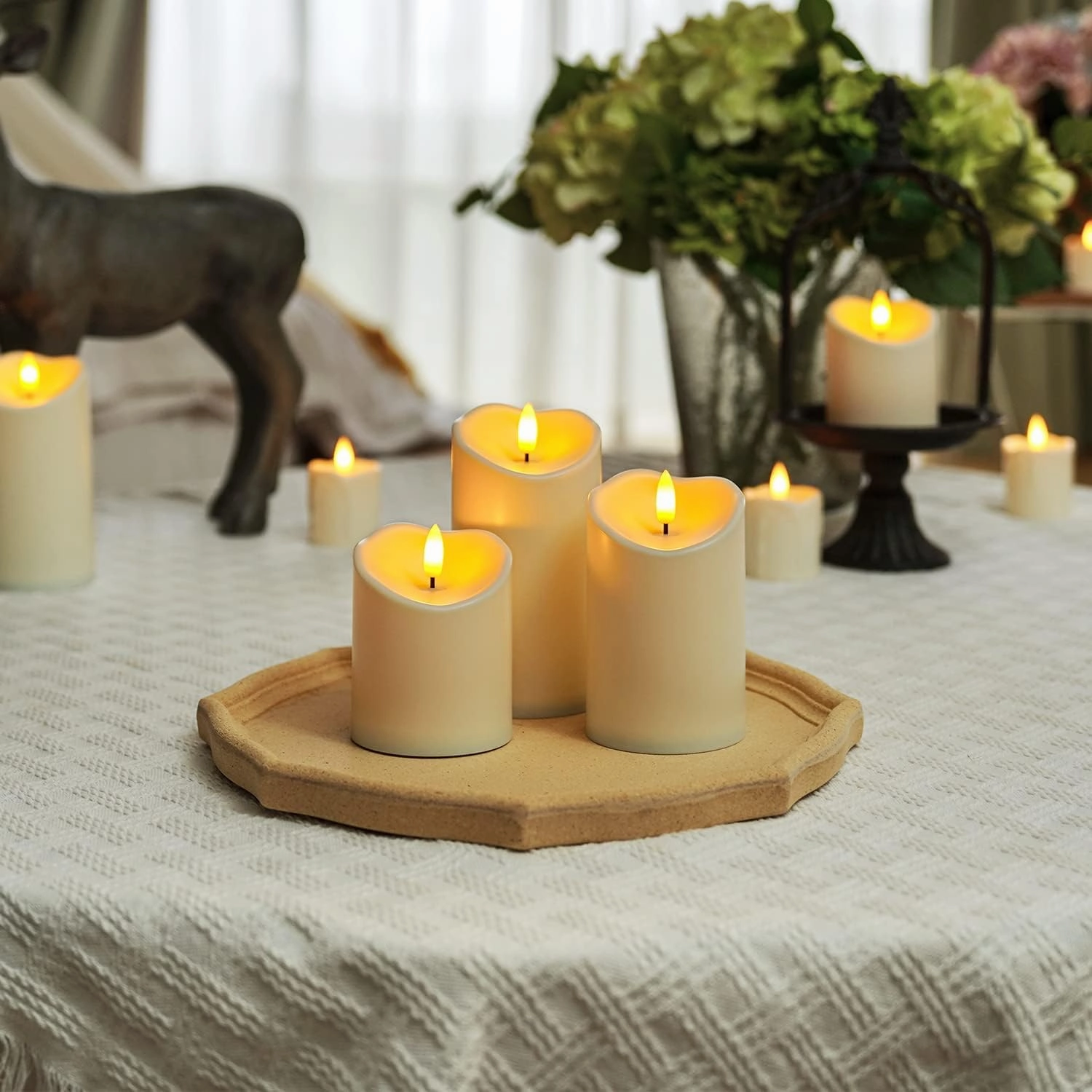 Homemory Flameless Candles, Battery Candles, LED Candles, Battery Operated Candles with Remote Timers, Electric Fake Plastic Candles, Dark Ivory, Outdoor Waterproof, Set of 3