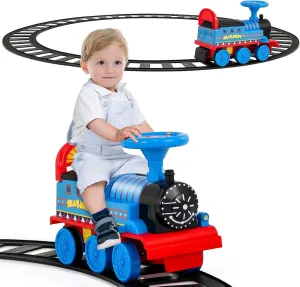 HOMGX Electric Ride On Toy, 6V Powered Toddler Ride-on Train Set with Tracks, Flashing Light, Storage Seat & Anti-tilt Device, Kid’s Ride On Train for Boys & Girls 2  Years, Gift for Christmas (Navy)