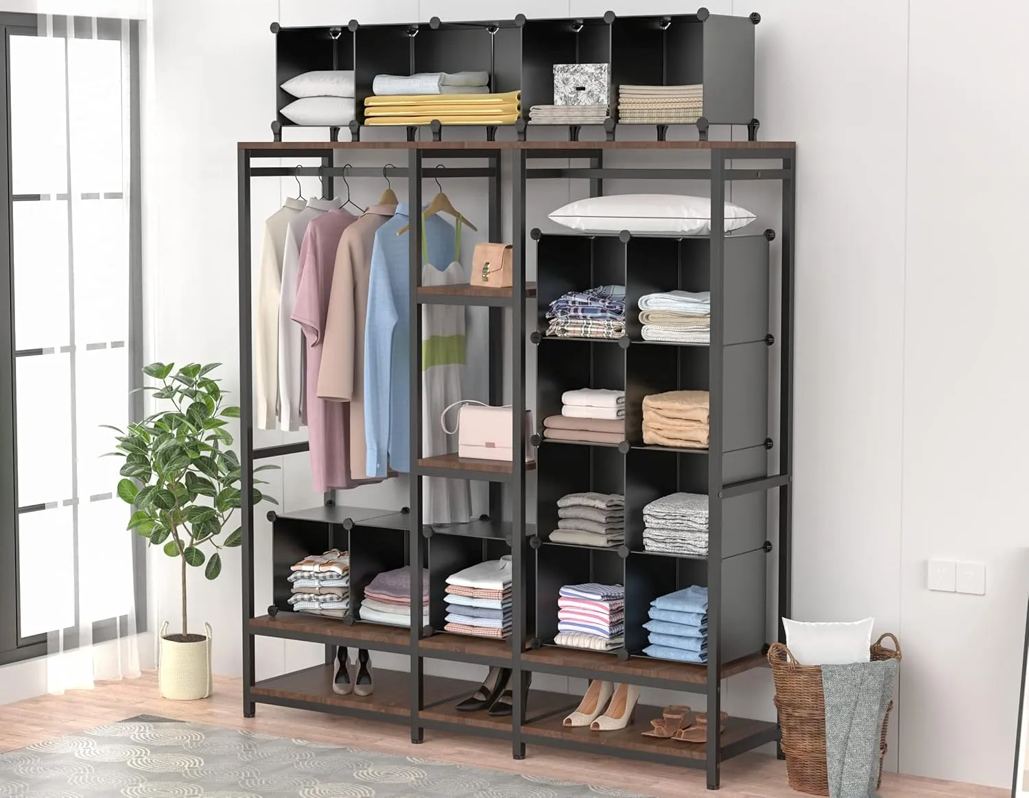 HOMIDEC Cube Storage Organizer 16-Cube Storage Shelf for Garment Racks, Closet Organizers with Metal Hammer, Bookshelf for Kids, (48.4 L x 12.2 W x 48.4 H Inches),Black
