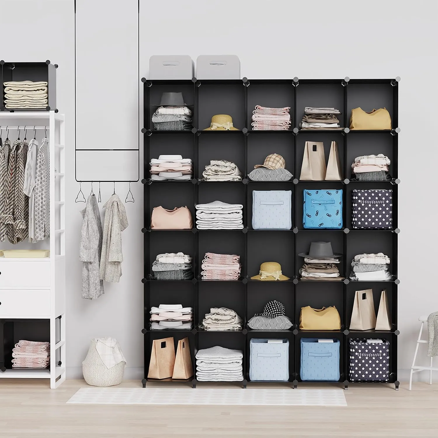 HOMIDEC Cube Storage Organizer 16-Cube Storage Shelf for Garment Racks, Closet Organizers with Metal Hammer, Bookshelf for Kids, (48.4 L x 12.2 W x 48.4 H Inches),Black