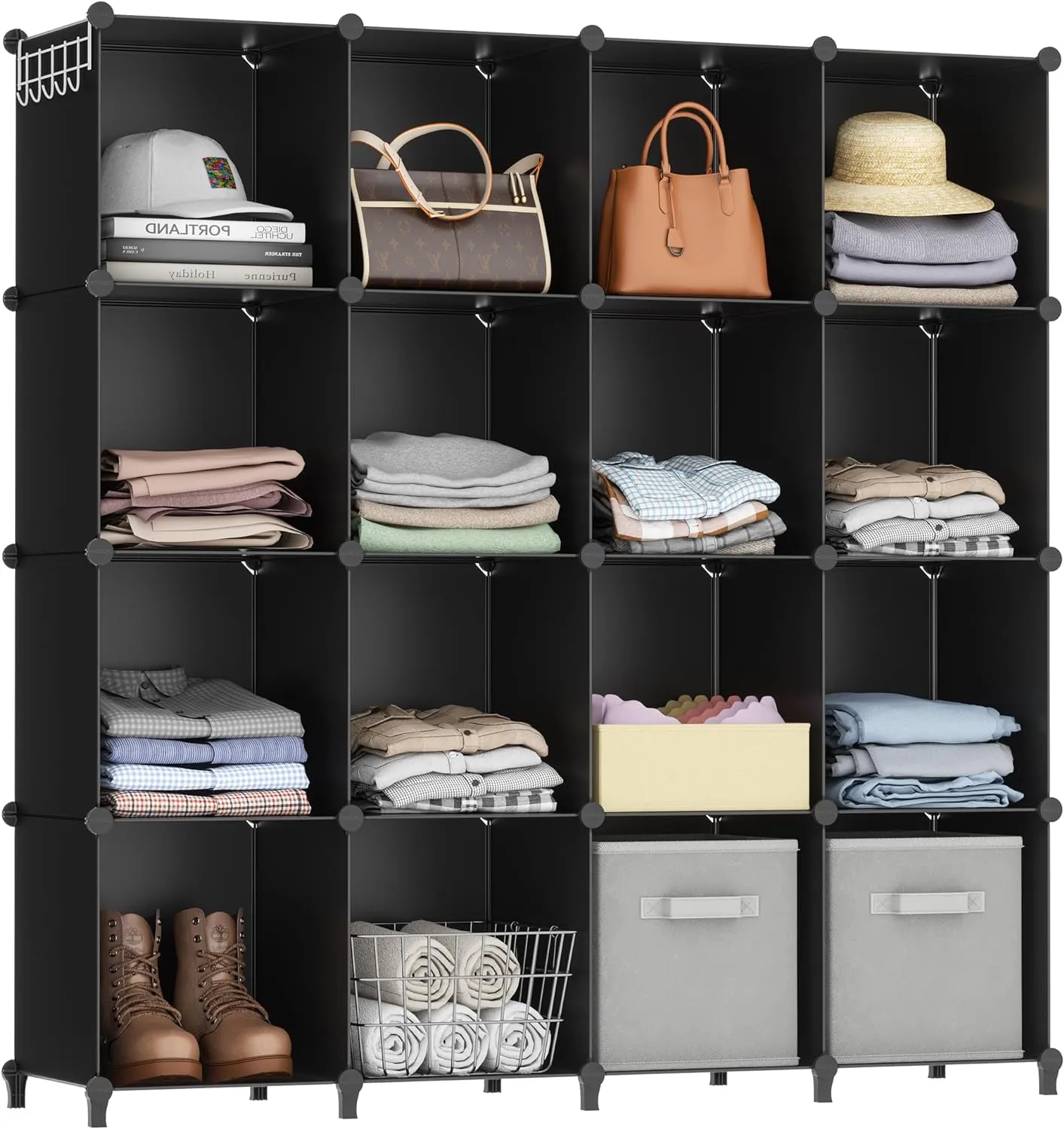 HOMIDEC Cube Storage Organizer 16-Cube Storage Shelf for Garment Racks, Closet Organizers with Metal Hammer, Bookshelf for Kids, (48.4 L x 12.2 W x 48.4 H Inches),Black
