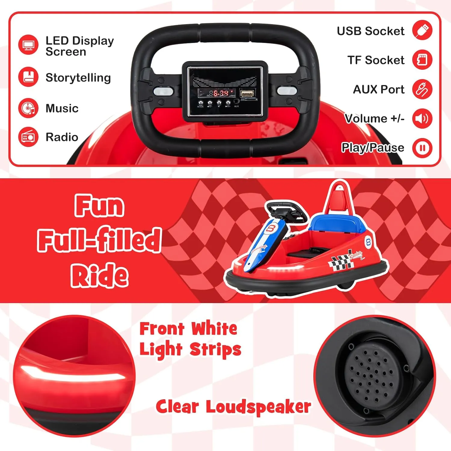 HONEY JOY Toddler Bumper Car, Battery Powered Baby Ride on Bumping Car, Steering Wheel, Light & Horn, Music, 360 Degree Spin, Electric Vehicle for Kids, 6V Ride on Toys, Gift for Boys Girls (Red)