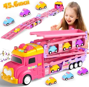 Hot Bee Toddler Toys for 2 3 4 5 Years Old Girls, 7-in-1 Foldable Ejection Trucks for Toddlers 2-4 Years, Toys for 4 Year Old Girls with Light & Music, Birthday Gift for 2 3 4 5 Year Old Girl