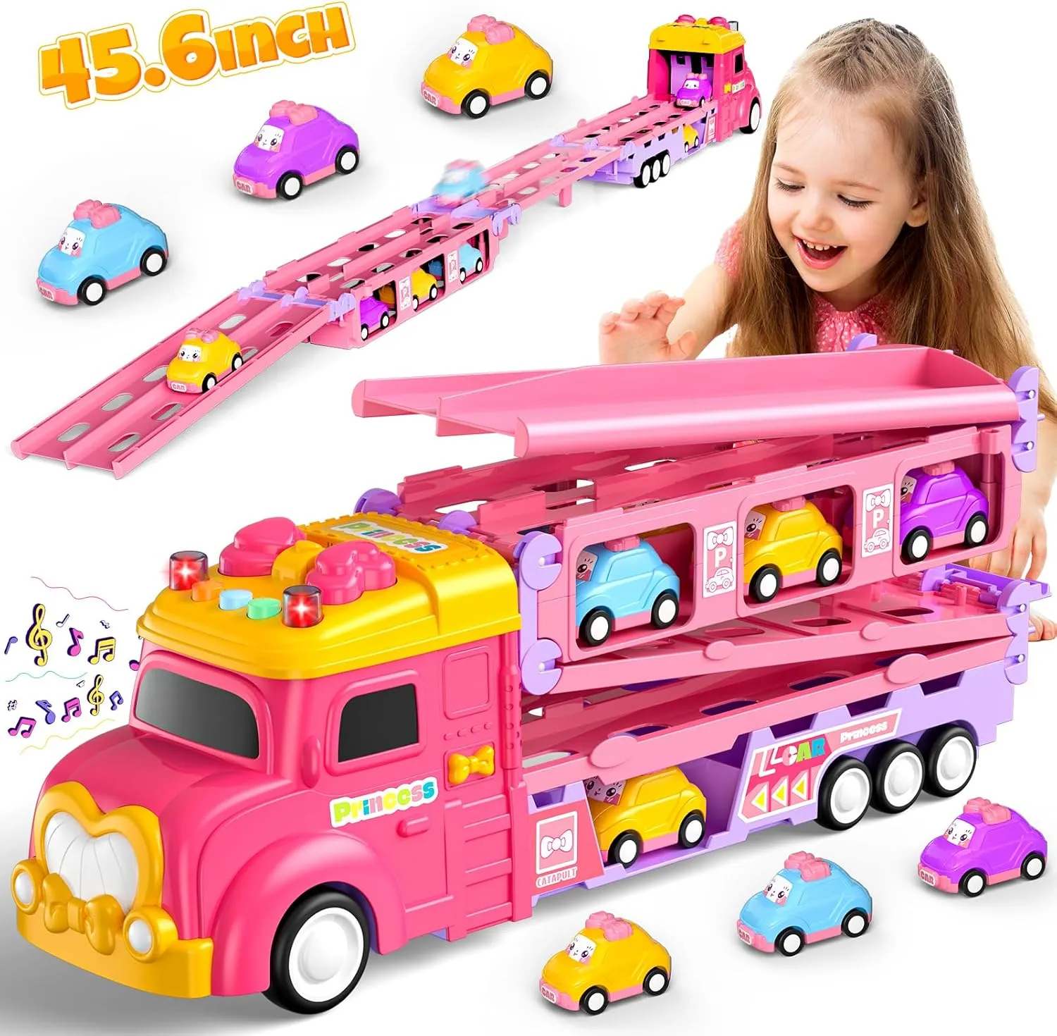 Hot Bee Toddler Toys for 2 3 4 5 Years Old Girls, 7-in-1 Foldable Ejection Trucks for Toddlers 2-4 Years, Toys for 4 Year Old Girls with Light & Music, Birthday Gift for 2 3 4 5 Year Old Girl
