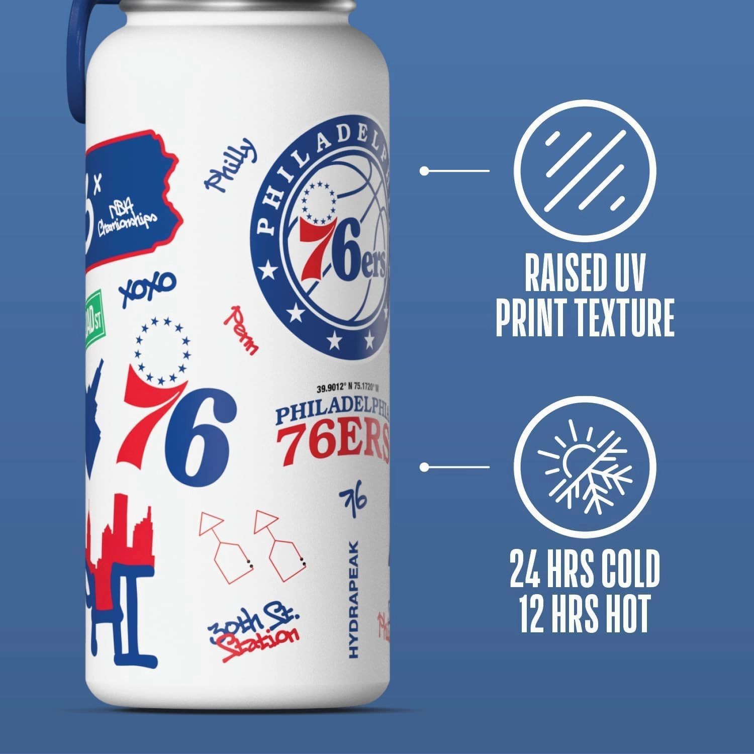 Hydrapeak x NBA Officially Licensed Philadelphia 76ers 32oz Active Water Bottle Chug Lid Stainless Steel Reusable Double Wall Celebrating The City Of Philadelphia