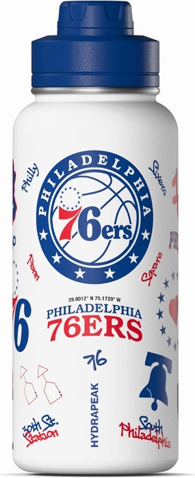 Hydrapeak x NBA Officially Licensed Philadelphia 76ers 32oz Active Water Bottle Chug Lid Stainless Steel Reusable Double Wall Celebrating The City Of Philadelphia