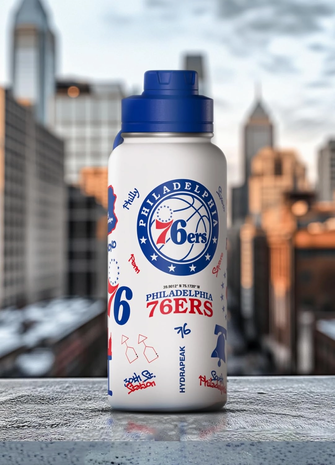 Hydrapeak x NBA Officially Licensed Philadelphia 76ers 32oz Active Water Bottle Chug Lid Stainless Steel Reusable Double Wall Celebrating The City Of Philadelphia