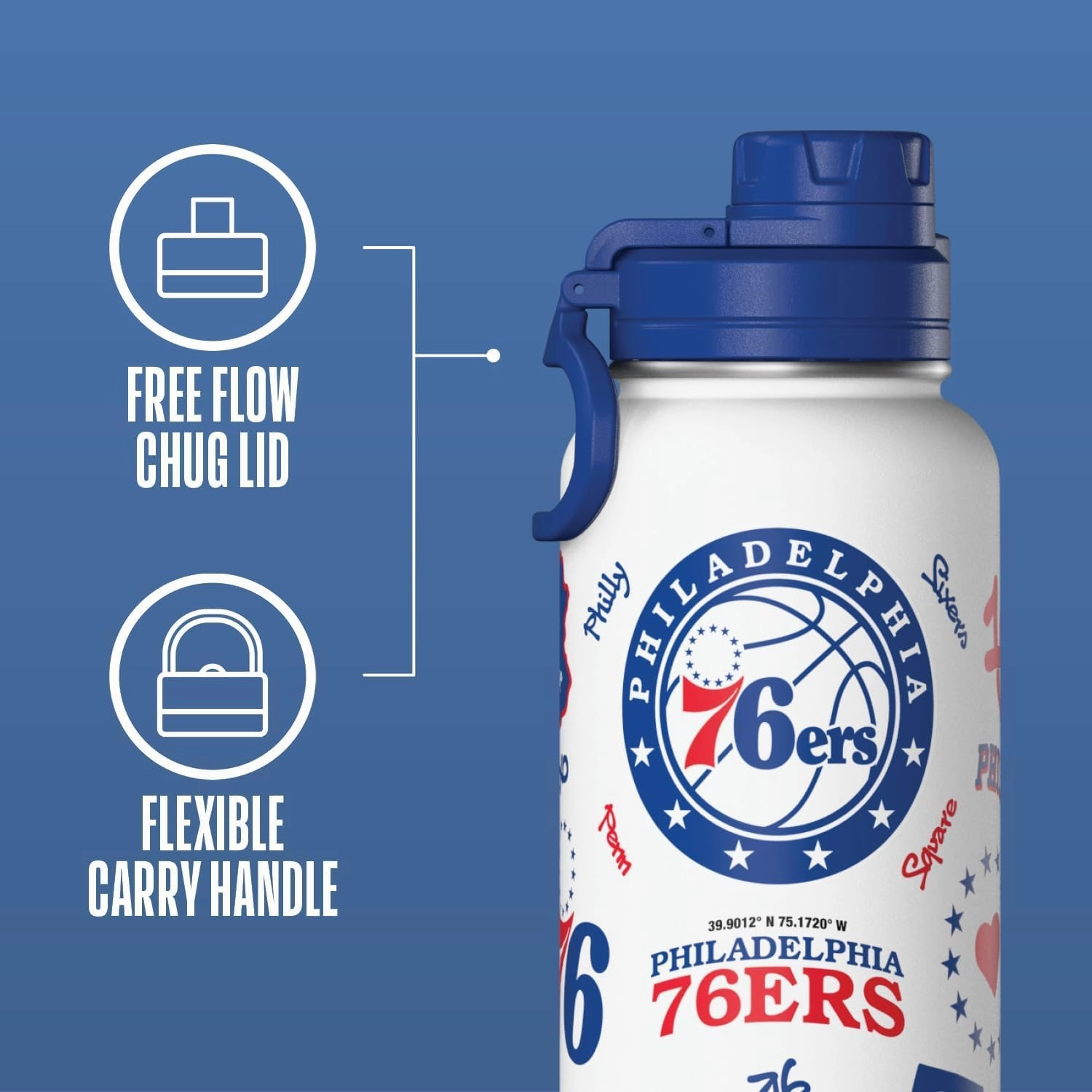 Hydrapeak x NBA Officially Licensed Philadelphia 76ers 32oz Active Water Bottle Chug Lid Stainless Steel Reusable Double Wall Celebrating The City Of Philadelphia