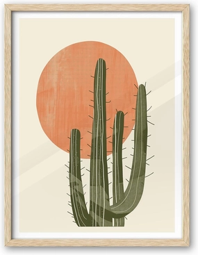 iHery Natural OAK Wood Abstract Cactus Sunset Framed Wall Art, 12x16 in Minimalist Boho Desert Vibes Canvas Wall Decor, Modern Nature Artwork Set of 1 For Bedroom Living Room Bathroom