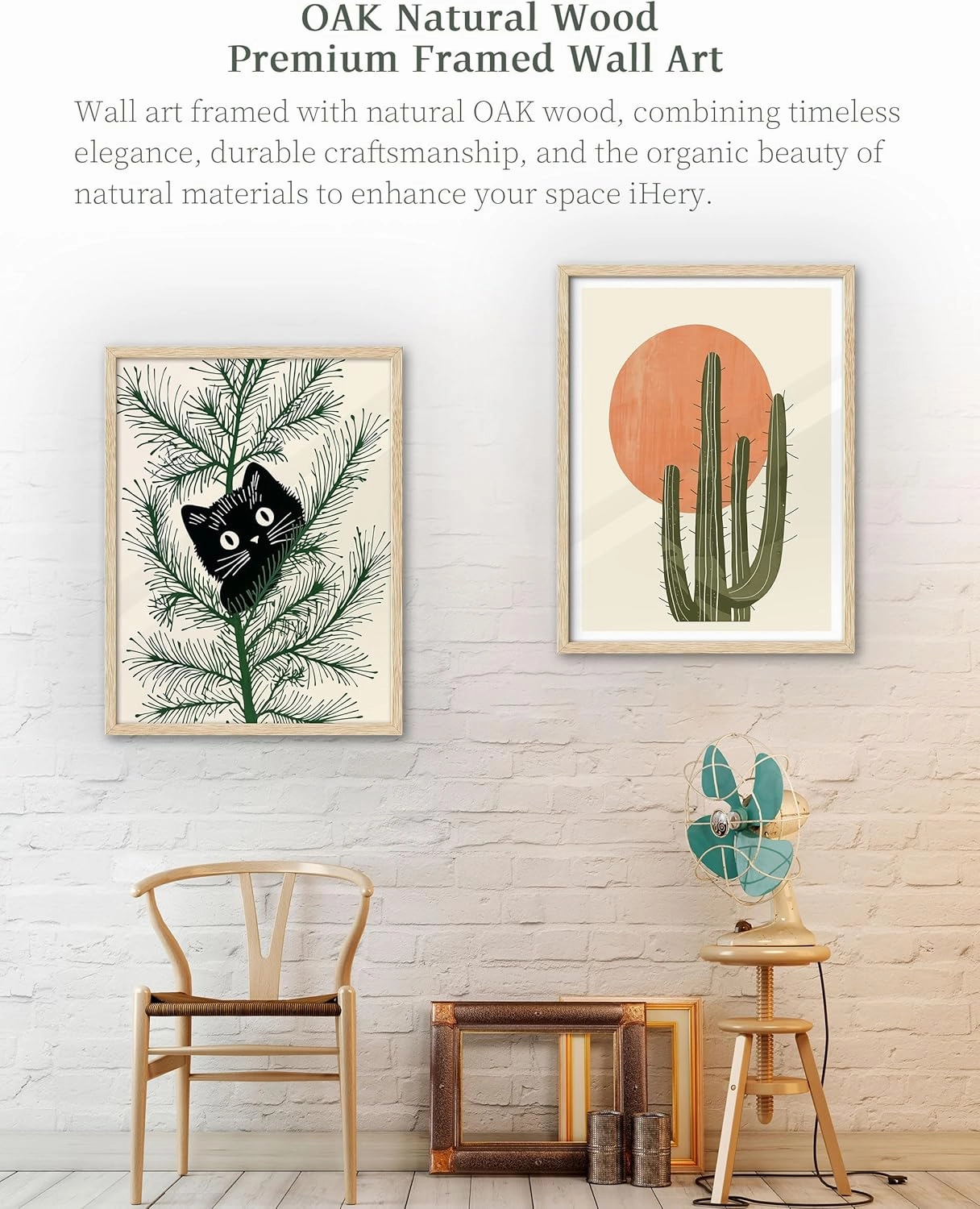 iHery Natural OAK Wood Abstract Cactus Sunset Framed Wall Art, 12x16 in Minimalist Boho Desert Vibes Canvas Wall Decor, Modern Nature Artwork Set of 1 For Bedroom Living Room Bathroom
