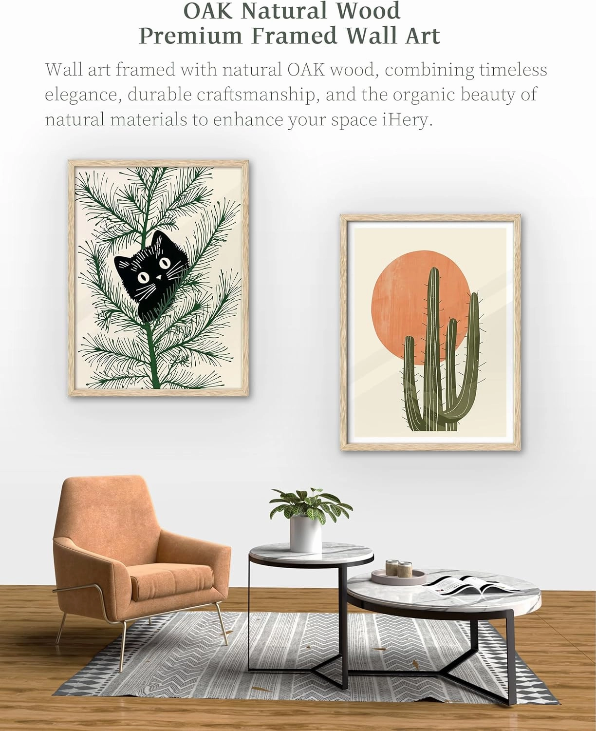 iHery Natural OAK Wood Abstract Cactus Sunset Framed Wall Art, 12x16 in Minimalist Boho Desert Vibes Canvas Wall Decor, Modern Nature Artwork Set of 1 For Bedroom Living Room Bathroom