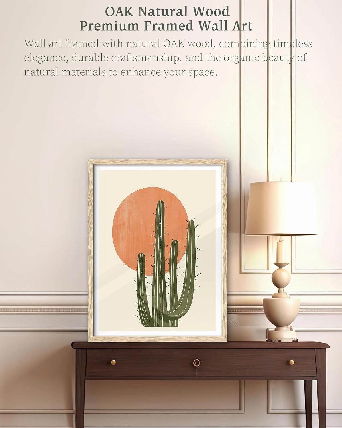 iHery Natural OAK Wood Abstract Cactus Sunset Framed Wall Art, 12x16 in Minimalist Boho Desert Vibes Canvas Wall Decor, Modern Nature Artwork Set of 1 For Bedroom Living Room Bathroom