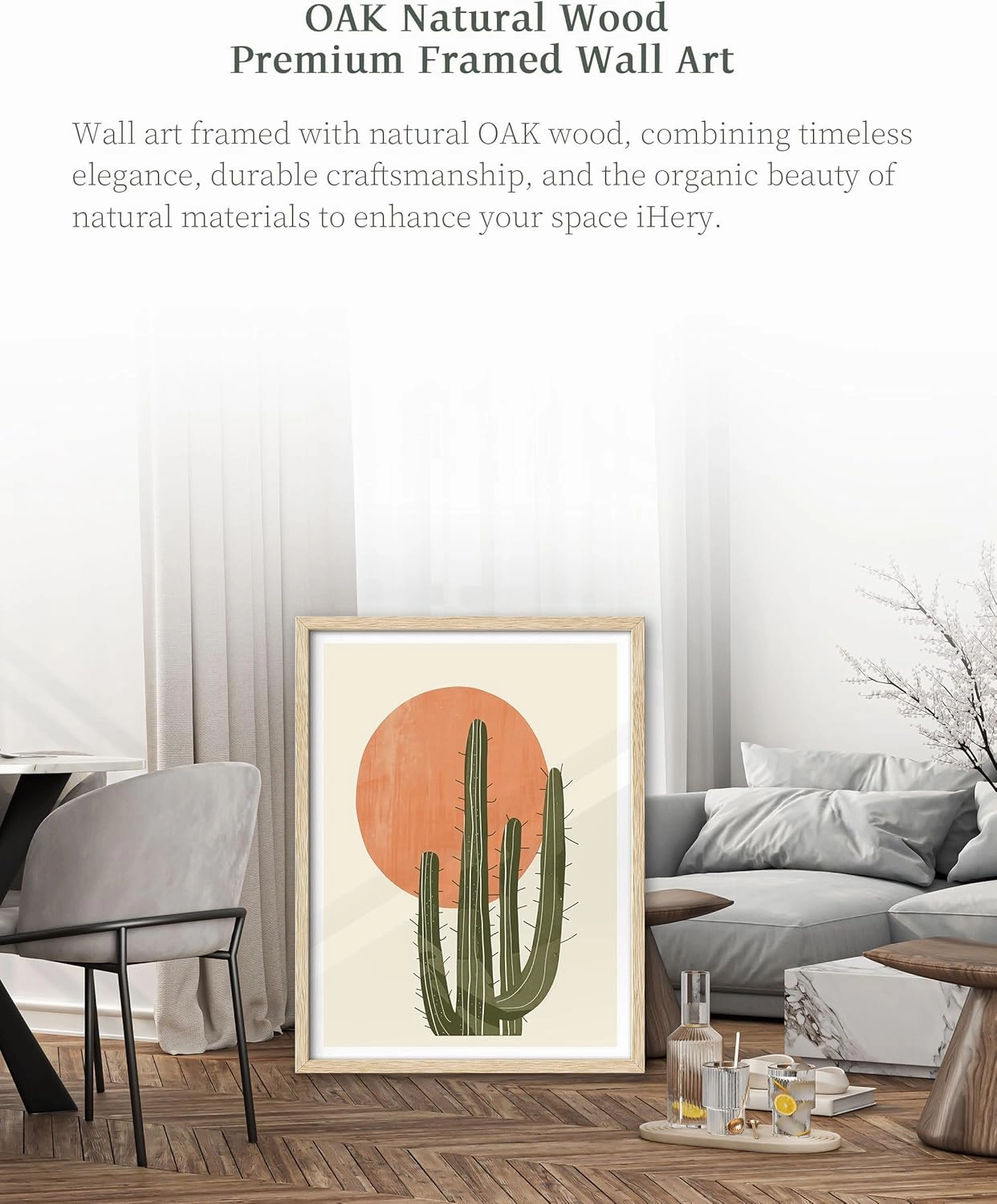 iHery Natural OAK Wood Abstract Cactus Sunset Framed Wall Art, 12x16 in Minimalist Boho Desert Vibes Canvas Wall Decor, Modern Nature Artwork Set of 1 For Bedroom Living Room Bathroom