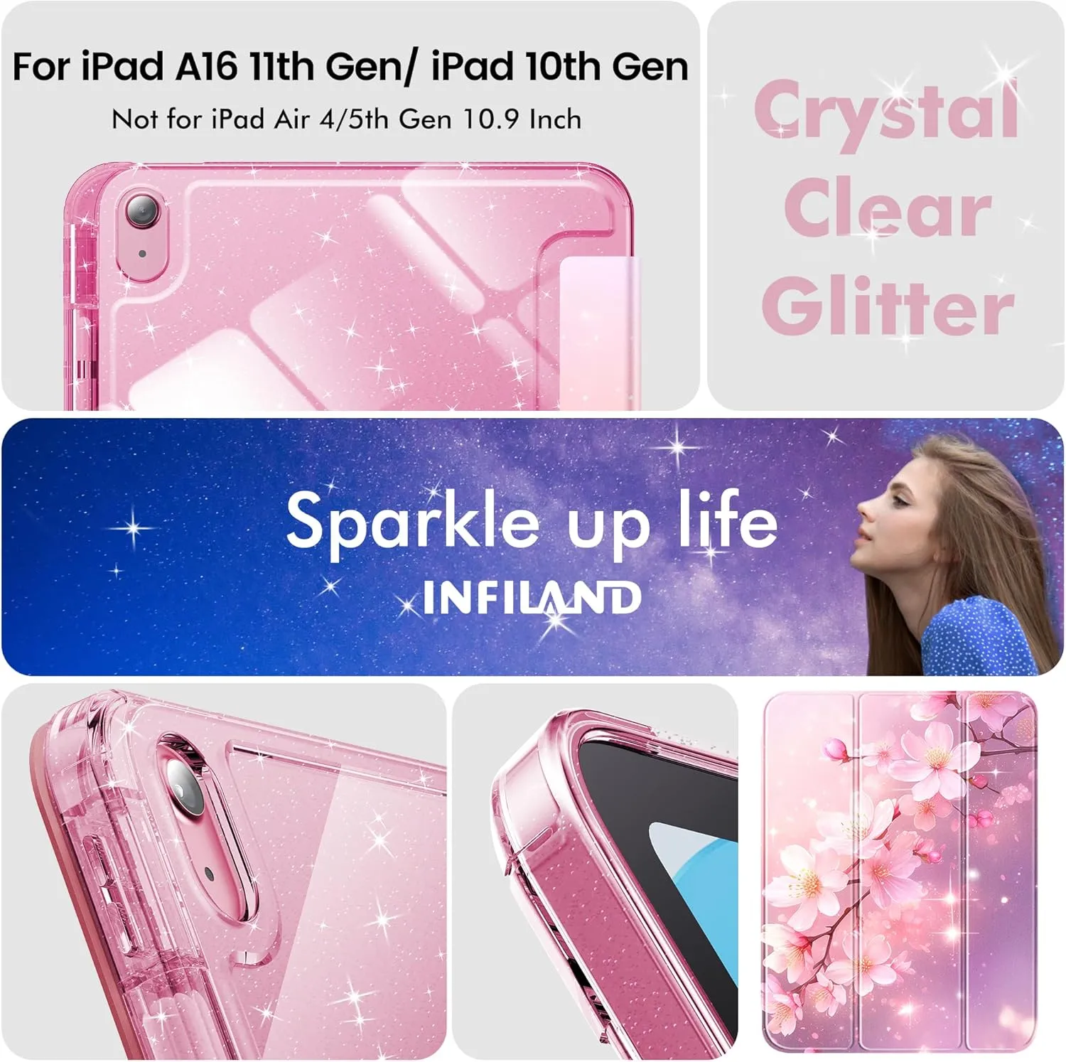 INFILAND Compatible with iPad A16 11th Generation 11 Inch 2025 Case, iPad Case 10th Generation 10.9 Inch, Glitter Cover with Sparkly Clear Back, Pencil Holder, for Kids Girls (Blossom Pink Glow)